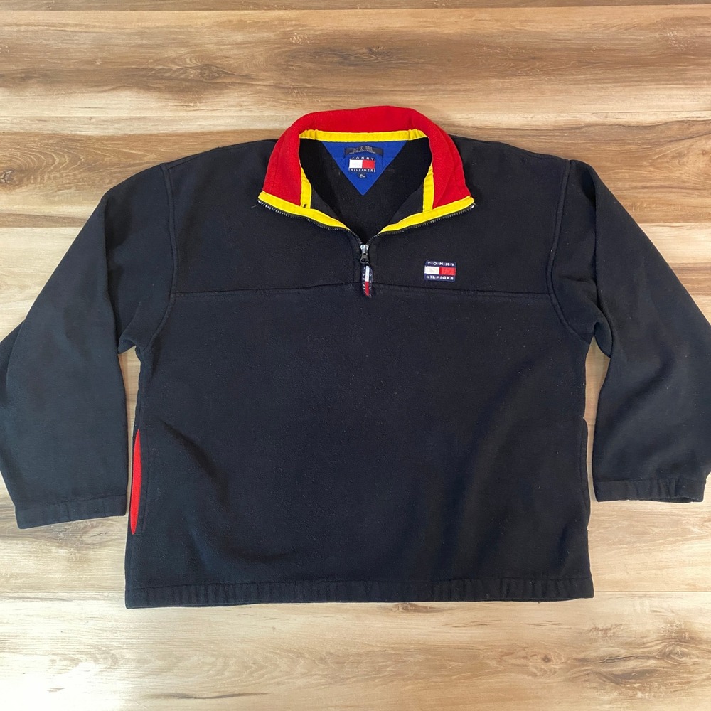 Vintage Tommy Hilfiger Mens Black‎ Fleece 1/4 Zip Pullover Sweatshirt XL Y2K